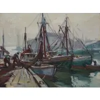 Mending the Nets by Emile Albert Gruppe, Oil on Board, sold Jan 2024