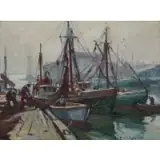 Emile Albert Gruppe, Mending the Nets, Oil on Board