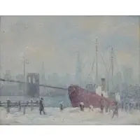 Johann Berthelsen, Docks with New York City Skyline, Oil on board