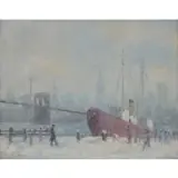 Docks with New York City Skyline by Johann Berthelsen, Oil on board, sold Jan 2024