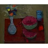 Hubertus Johannes Mengels, Still-Life with Flowers, Vase, and Fruit, Oil on canvas, Signed lower right