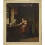 Hermann Sondermann, Mother Feeding Child with Dog, Oil on canvas
