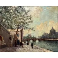 Maurice Brisson, Seine River Walk in Paris, Oil on canvas