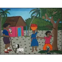 Madeline Mirvil, Boy with Dog Holding Ice Cream With House and Other Figures, Oil on masonite
