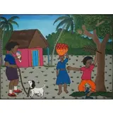 Madeline Mirvil, Boy with Dog Holding Ice Cream With House and Other Figures, Oil on masonite