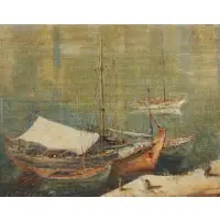 Antonis Kanas, Boat scene, Oil on board