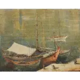 Antonis Kanas, Boat scene, Oil on board