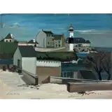 Pierre Gautiez, Lighthouse and Houses on the Shore, Gouache on paper