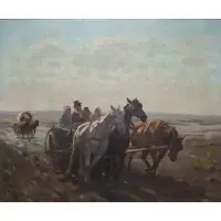 Horse Carts on a Muddy Road by Janos Viski, Oil on canvas, sold Nov 2023