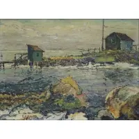 William S. Copp, Coastal Scene with Building and a Overturned Boat, Oil on canvas