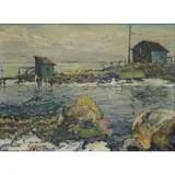 William S. Copp, Coastal Scene with Building and a Overturned Boat, Oil on canvas