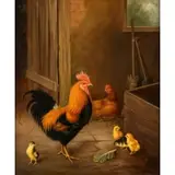 Edgar Hunt, Family of Chickens in Barn, Oil on canvas