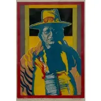 Sylvia, Blue Indian Sitting Bull Portrait, Woodcut