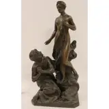 Henri Godet, Classical nude beauty and an admirer, Fine and large sculpture in a nice original; brown patina