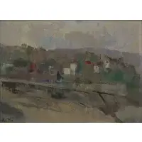 Anne Poor, Riverscape Houses, Oil on board