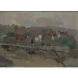 Anne Poor, Riverscape Houses, Oil on board