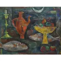 Still Life with Fish, 1962 by Emanuel G. Romano, Oil on board, sold Oct 2023