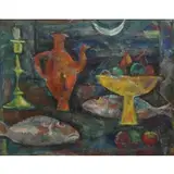 Emanuel G. Romano, Still Life with Fish, 1962, Oil on board