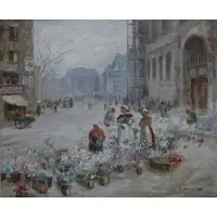 Cesar A. Villacres, Flower Market Street Scene, Oil on canvas