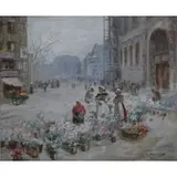 Cesar A. Villacres, Flower Market Street Scene, Oil on canvas