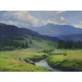 Marian Parkhurst Sloane, New England Landscape with Mountains and Stream, Oil on canvas