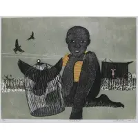 Walter H. Williams, Caged Bird, Color woodcut on Japon paper