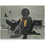 Walter H. Williams, Caged Bird, Color woodcut on Japon paper