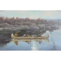 Hudson Bay Men on the Flathead by Frank Hagel, Oil on board, 1995, sold Sep 2023