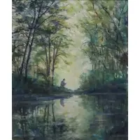 Edith Montlack, Wooded Landscape Fishing Scene, Oil on canvas