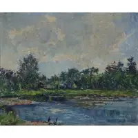 Oskar Stössel, Pond Landscape, Oil on canvas