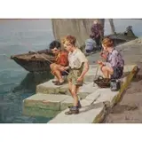 Angelo Brombo, Boys Fishing, Oil on canvas
