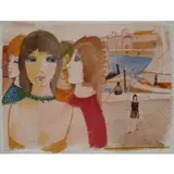 Charles Levier, Portrait of Girls by Harbor, Watercolor on paper