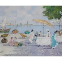 Beach Scene by Luigi Cagliani, Oil on board, sold Jun 2023