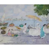Luigi Cagliani, Beach Scene, Oil on board