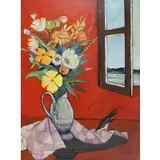 Charles Levier, Floral Still Life with Bird and Window, Oil on canvas