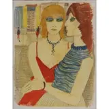 Charles Levier, Portrait of two girls, Watercolor on paper