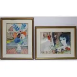 Charles Levier, Floral Still Life & Girls at Window, Pair of watercolors