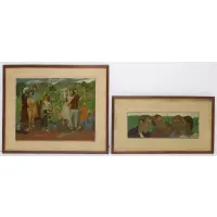 Grégoire Michonze, (2 works): Untitled-Village Gathering, 1952 & Untitled-Four People, 1959, Pair of oils on board