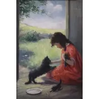 Antoinette Clark Inglis, Girl with Cats, Oil on canvas-board