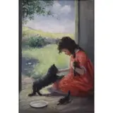 Antoinette Clark Inglis, Girl with Cats, Oil on canvas-board