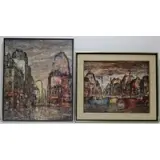 Jules Dules Duffart, (2) paintings: City Scene & Harbor Scene, Oils on canvas