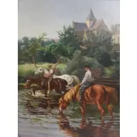 Daniel Urbain Dourouze, Watering Place, Large oil on canvas