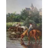 Daniel Urbain Dourouze, Watering Place, Large oil on canvas
