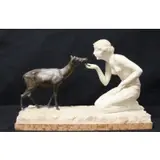Umberto Stiaccini, Nude of Giovincella with Cerbiatus, Alabaster and burnished bronze