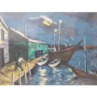 Harry Shoulberg, Docked boats, Oil painting