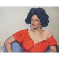 Lady in red by Geo Dangman, Oil on canvas, sold Jul 2023