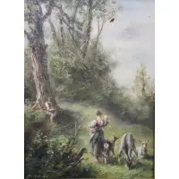 Woman with child and sheep by Max Heichele, Oil on board, sold Jul 2023