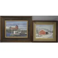 Glen A Fowler, Sailboat and barn scene, Oil on board