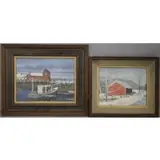 Glen A Fowler, Sailboat and barn scene, Oil on board