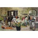 Ernesto Fontana, Italian Market Place, Large oil on canvas
